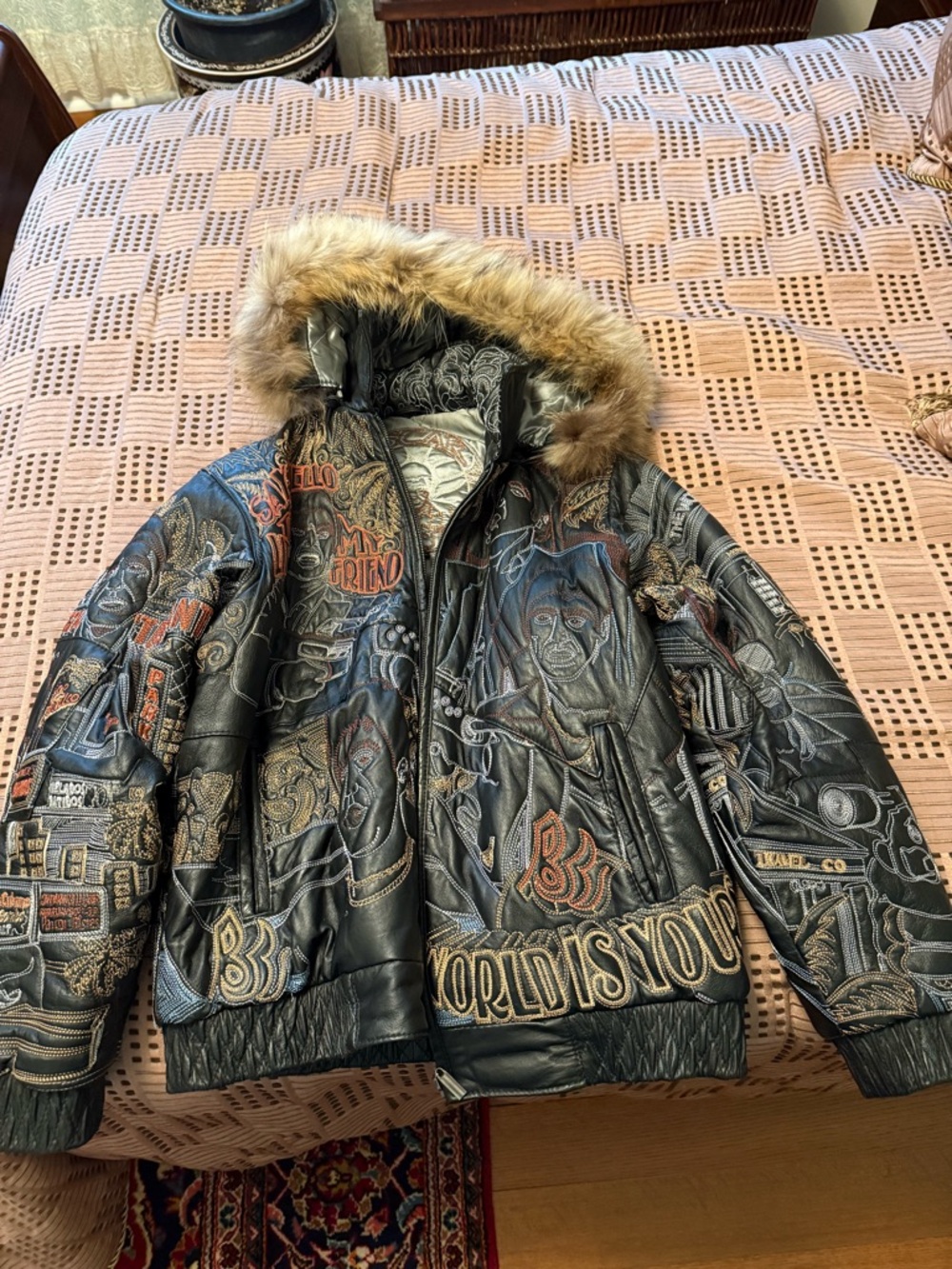 Men's Scare Face Black Leather Graphic Faux-Fur Hooded Jacket